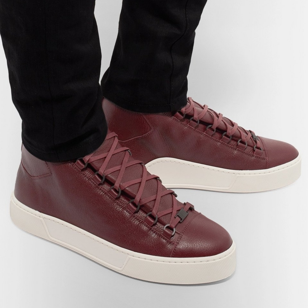 BALENCIAGA Arena Mens Burgundy Full Grain Leather High Top Sneakers Size 8.5